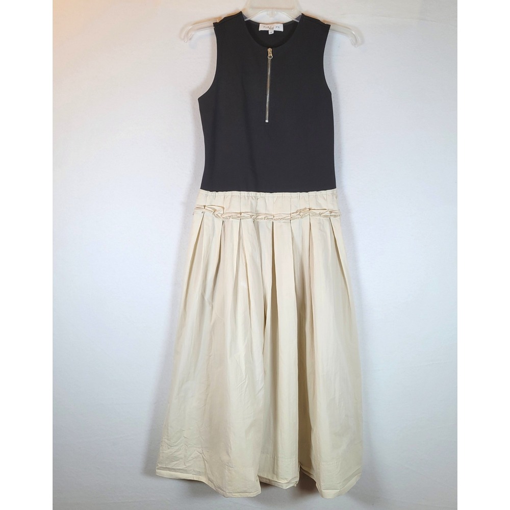 Plan C Womens Knit Poplin Pleated Tank Midi Dress Size 0 Black Cream Minimalist